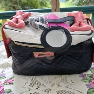 Betsey Johnson Pink and Black Quilted Cosmetic Bag Bow And Mirror Detail NWT